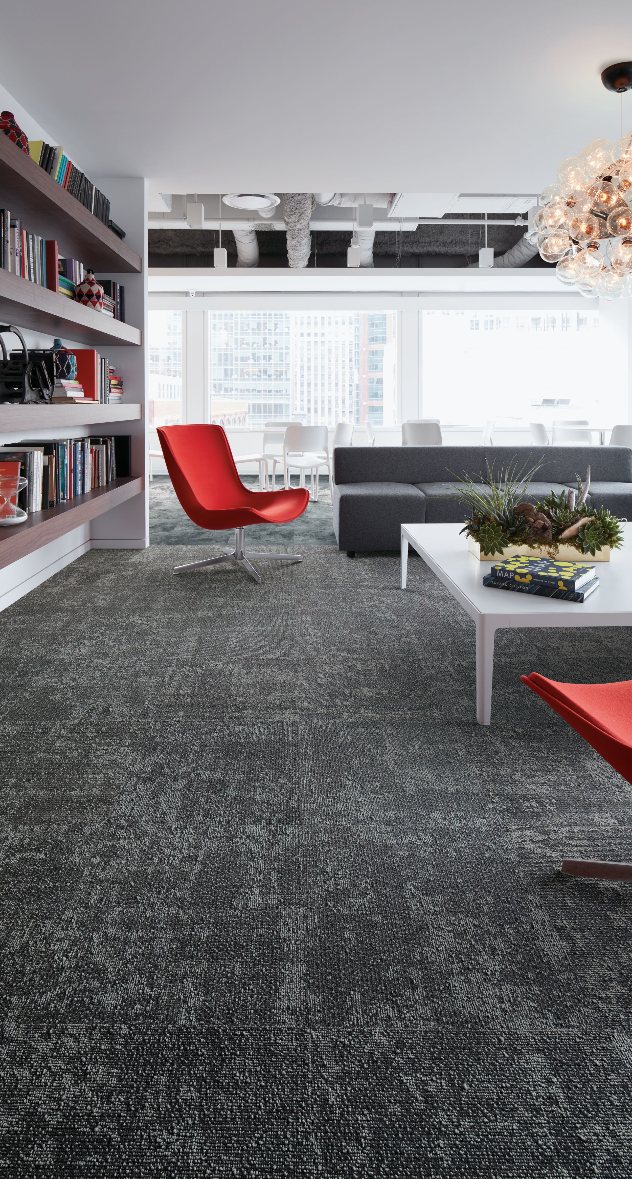 Interface Cloud Cover carpet tile and Natural Stones LVT in office lounge area image number 1